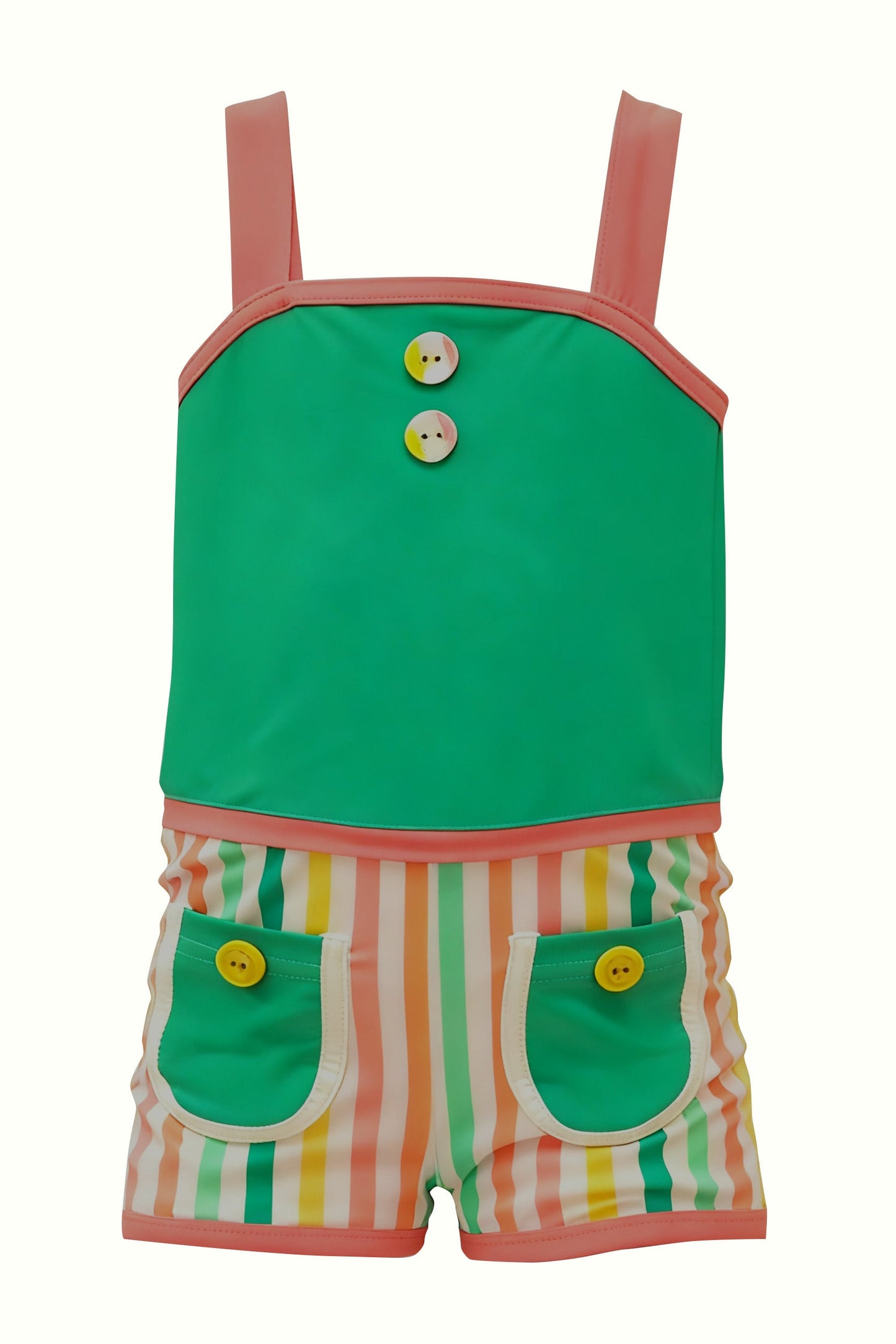 ( Moq 5 ) Preorder Baby Girls Sleeveless Buttons Pockets Stripes One-piece Swimsuit
