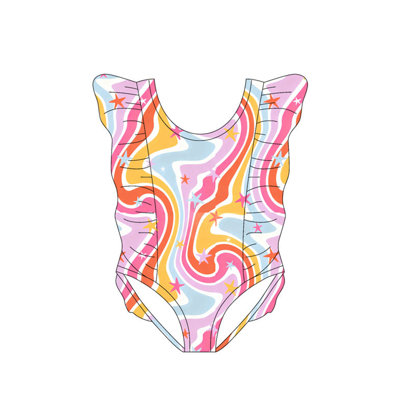 ( Moq 5 ) Preorder Baby Girls Short Sleeves Stars Ruffle One-piece Swimsuit