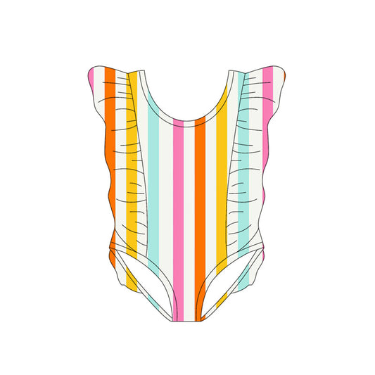 ( Moq 5 ) Preorder Baby Girls Short Sleeves Stripes Ruffle One-piece Swimsuit