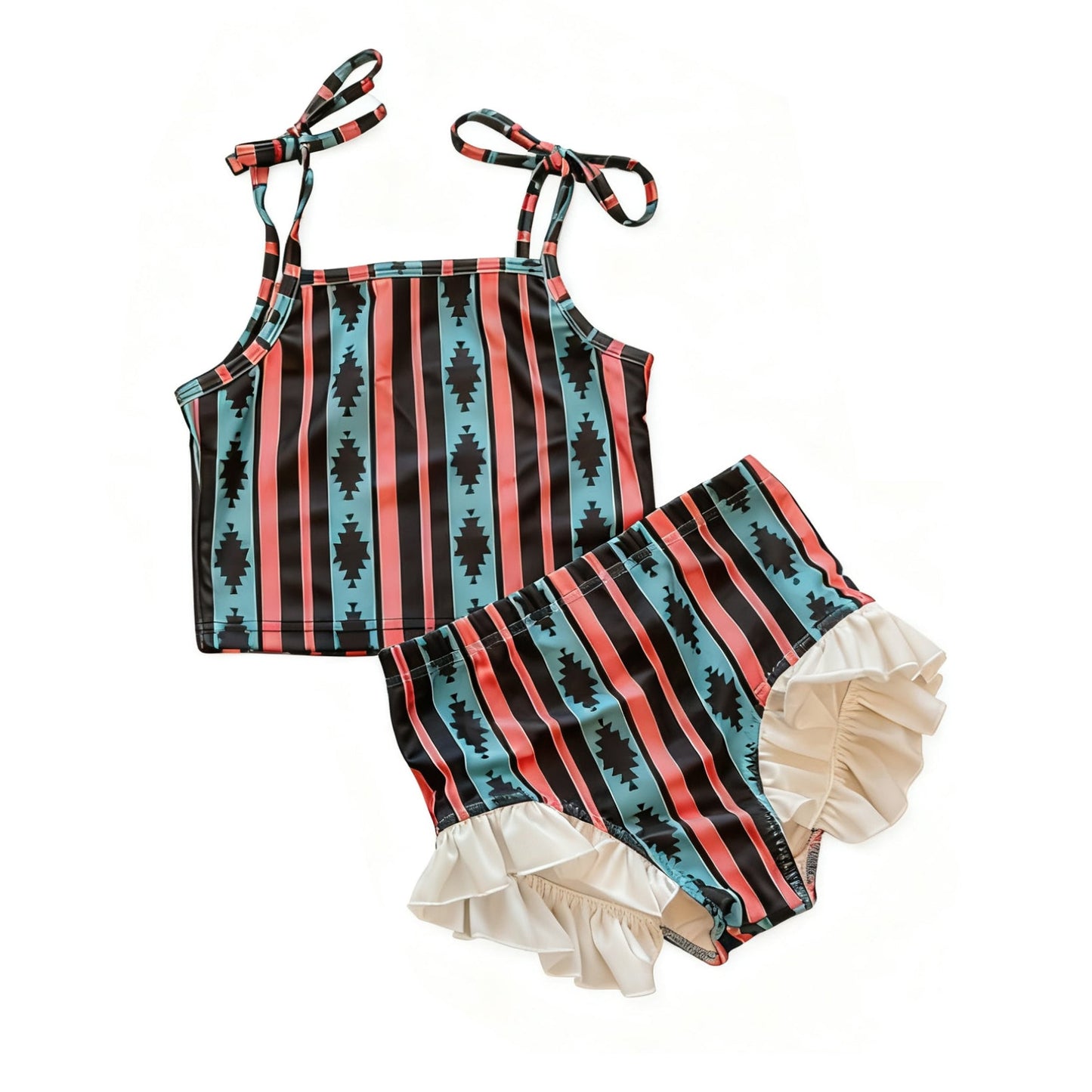 ( Moq 5 ) Preorder Baby Kids Girls Western Aztec Stripes Tops Shorts Swimsuit Set