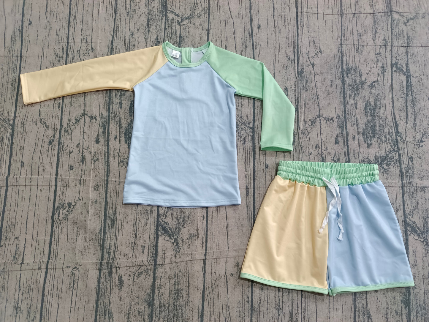 Baby Boys Long Sleeves Zipper Shirt Blue Yellow Shorts Set Swimsuit RTS