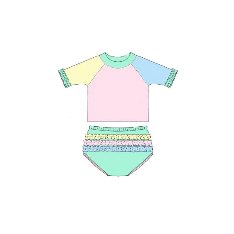 ( Moq 5 ) Preorder Baby Girls Short Sleeves Tops Ruffle Shorts Set Swimsuit