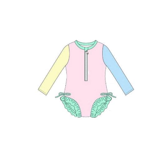 ( Moq 5 ) Preorder Baby Girls Kids Long Sleeves Zipper Bows Ruffle One-piece Swimsuit