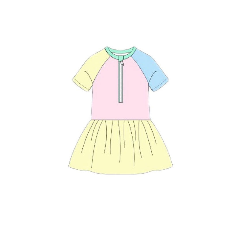 ( Moq 5 ) Preorder Baby Girls Kids Short Sleeves Zipper Swim Dress Swimsuit