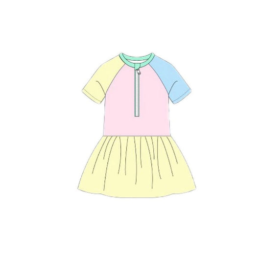 ( Moq 5 ) Preorder Baby Girls Kids Short Sleeves Zipper Swim Dress Swimsuit
