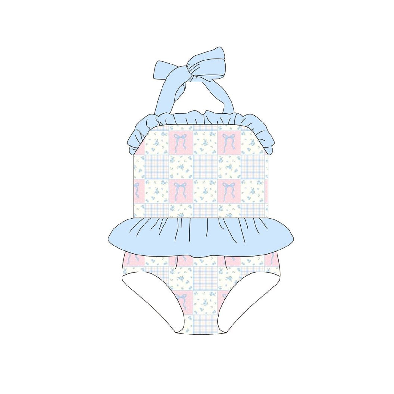 ( Moq 5 ) Preorder Baby Girls Halter Bows Floral Blue Ruffle One-piece Swimsuit