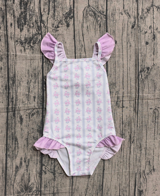 ( No moq ) Preorder Baby Girls Sleeveless Flower 4th of July Purple Ruffle One-piece Swimsuit