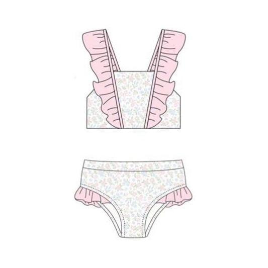 ( Moq 5 ) Preorder Baby Girls Floral Bows Ruffle Tops Shorts One-piece Swimsuit