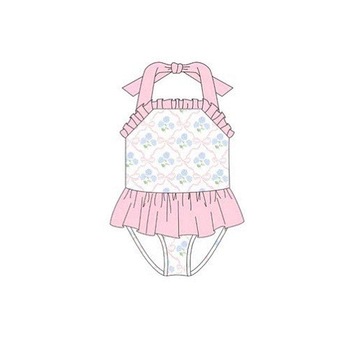 ( Moq 5 ) Preorder Baby Girls Halter Bows Flower Pink Ruffle One-piece Swimsuit