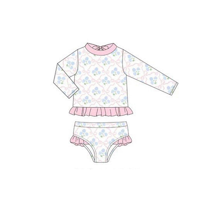 ( Moq 5 ) Preorder Baby Girls Long Sleeves Bows Flower Tops Shorts Set Swimsuit