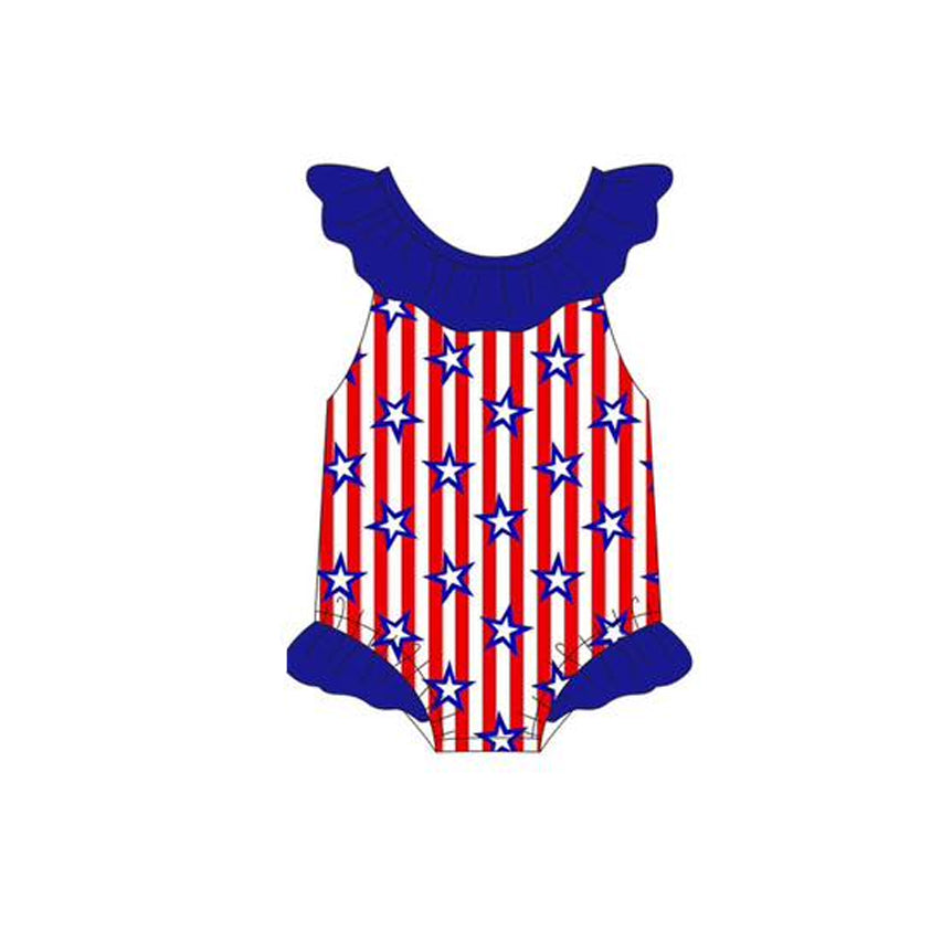 ( Moq 5 ) Preorder Baby Girls Short Sleeves Stars Stripes One-piece Swimsuit