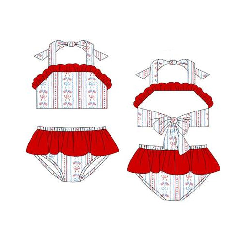 ( Moq 5 ) Preorder Baby Girls Halter Bows Flags Tops Shorts 4th of July Swimsuits