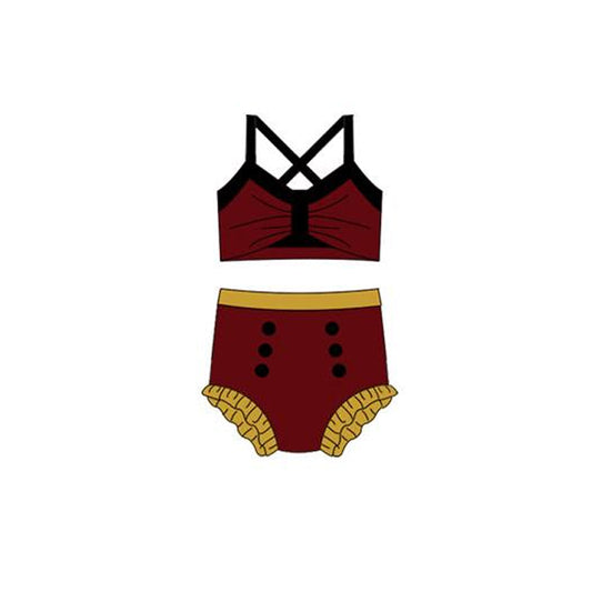 ( Moq 5 ) Preorder Baby Girls Straps Dark Red Tops Bummie Princess Set Swimsuit