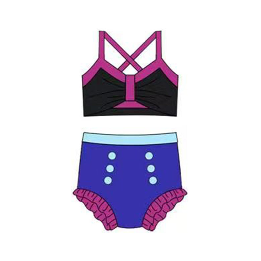 ( Moq 5 ) Preorder Baby Girls Straps Black Tops Blue Bummie Princess Set Swimsuit