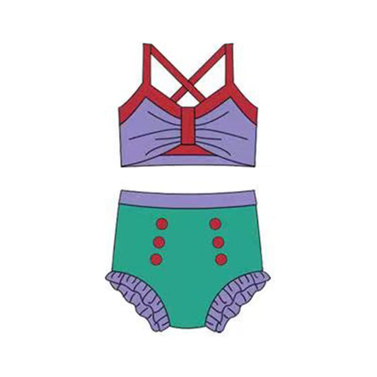 ( Moq 5 ) Preorder Baby Girls Straps Purple Tops Green Bummie Princess Set Swimsuit
