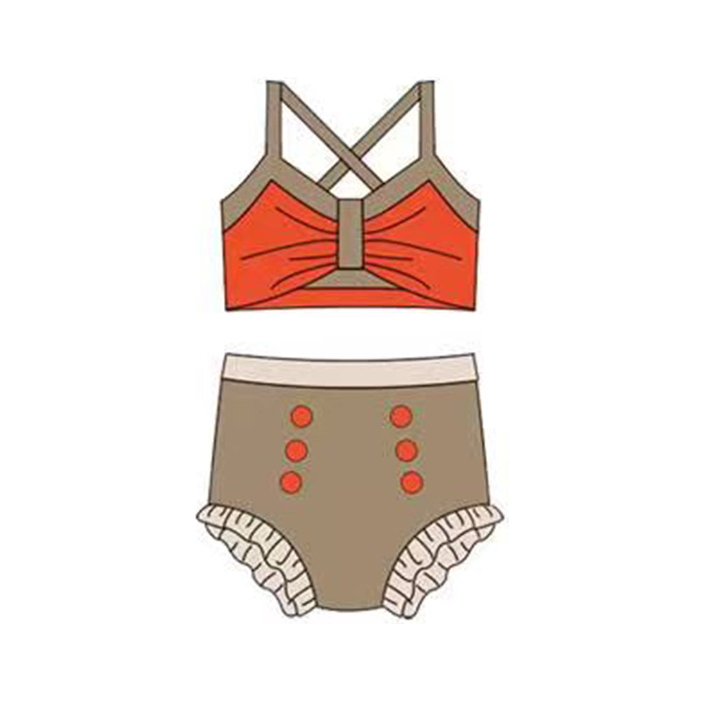 ( Moq 5 ) Preorder Baby Girls Straps Tops Khaki Bummie Princess Set Swimsuit