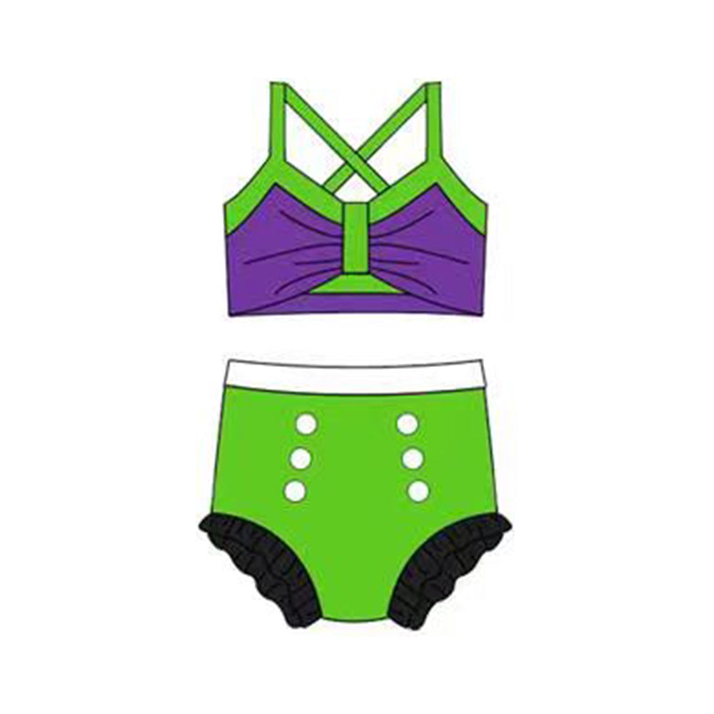 ( Moq 5 ) Preorder Baby Girls Kids Straps Purple Tops Green Bummie Set Swimsuit
