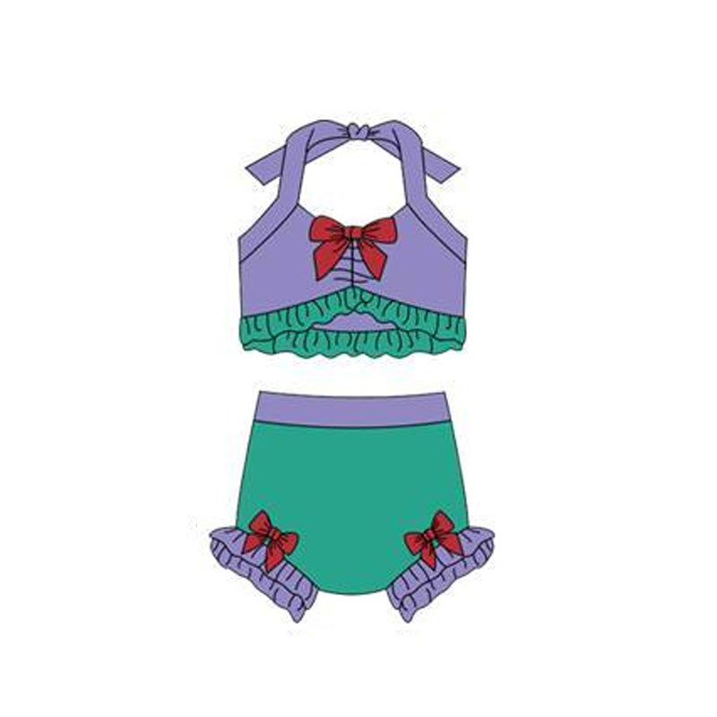 ( Moq 5 ) Preorder Baby Girls Halter Lavender Tops Green Bummie Bows Set Princess Swimsuit