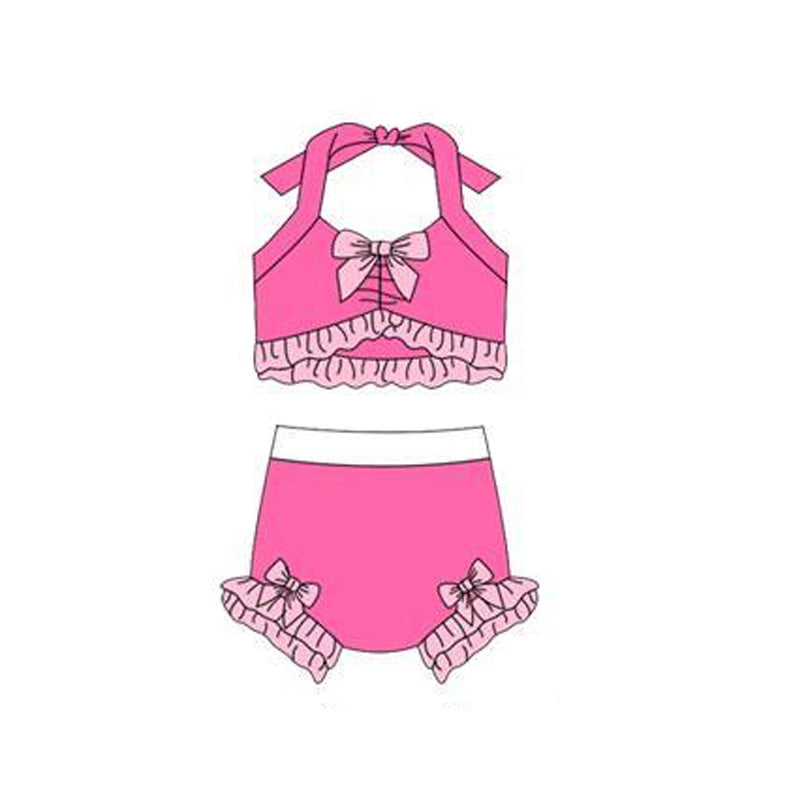 ( Moq 5 ) Preorder Baby Girls Halter Tops Pink Bummie Princess Bows Set Swimsuit