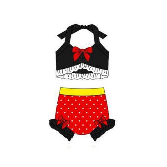 ( Moq 5 ) Preorder Baby Girls Halter Black Tops Red Dots Bummie Bows Set Swimsuit