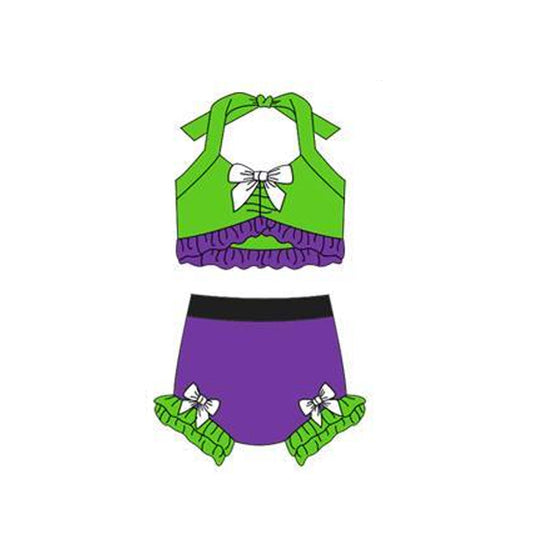 ( Moq 5 ) Preorder Baby Girls Halter Tops Bummie Bows Green Purple Set Swimsuit