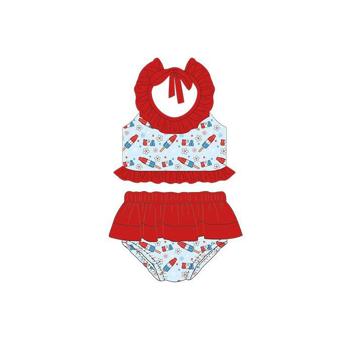 ( Moq 5 ) Preorder Baby Girls Halter Popsicles Flowers Tops Ruffle Shorts 4th of July Set Swimsuit