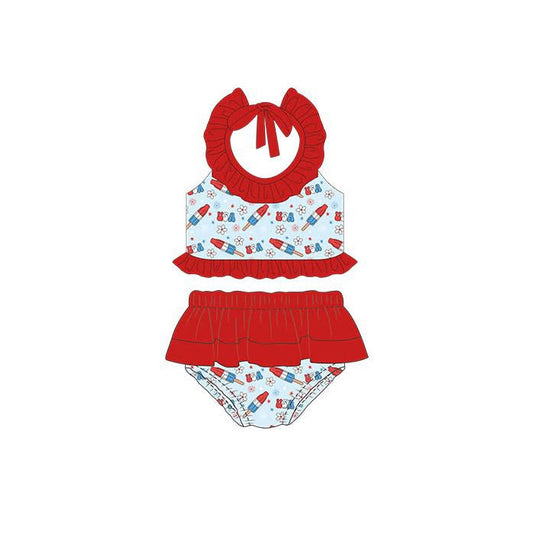 ( Moq 5 ) Preorder Baby Girls Halter Popsicles Flowers Tops Ruffle Shorts 4th of July Set Swimsuit