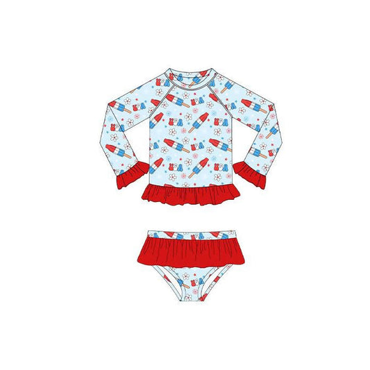 ( Moq 5 ) Preorder Baby Girls Long Sleeves Popsicles Flowers Tops Ruffle Shorts 4th of July Set Swimsuit
