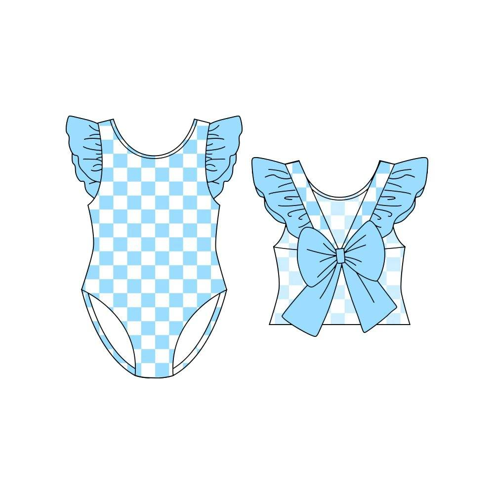 ( Moq 5 ) Preorder Baby Girls Kids Short Sleeves Blue Plaid Bows One-piece Swimsuit