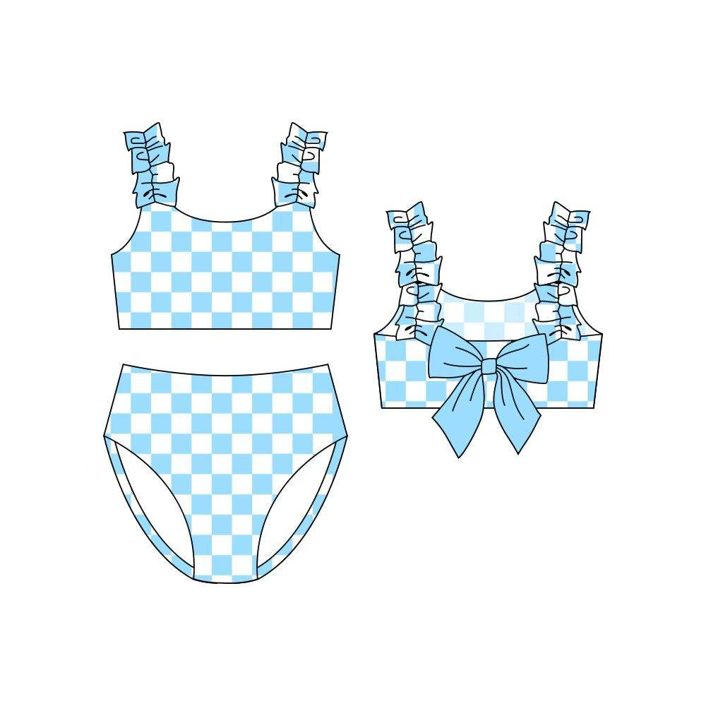 ( Moq 5 ) Preorder Baby Girls Kids Sleeveless Blue Plaid Bows Tops Shorts Set Summer Swimsuit