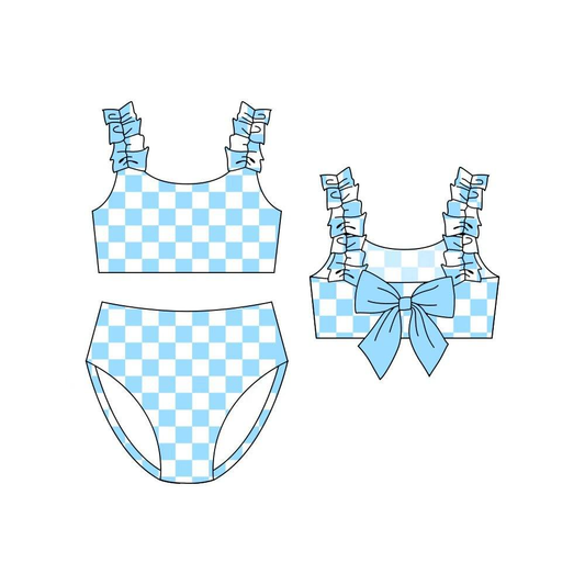 ( Moq 5 ) Preorder Baby Girls Kids Sleeveless Blue Plaid Bows Tops Shorts Set Summer Swimsuit