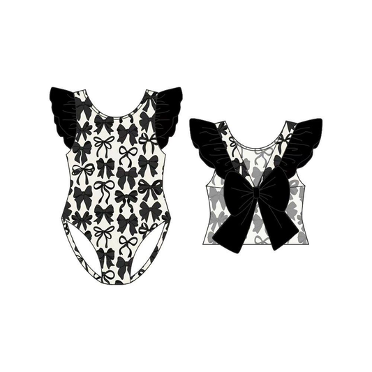 ( Moq 5 ) Preorder Baby Girls Kids Short Sleeves Black Bows One-piece Swimsuit