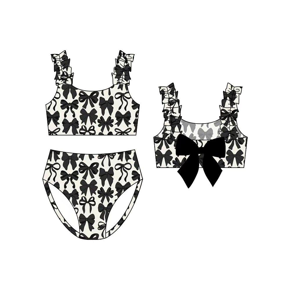 ( Moq 5 ) Preorder Baby Girls Kids Sleeveless Black Bows Tops Shorts Set Summer Swimsuit