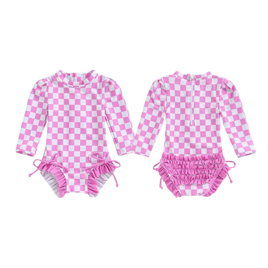 ( Moq 5 ) Preorder Baby Girls Kids Long Sleeves Pink Checked Bows Ruffle One-piece Swimsuit