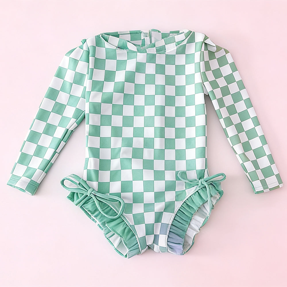 ( Moq 5 ) Preorder Baby Girls Kids Long Sleeves Green Checked Bows Ruffle One-piece Swimsuit