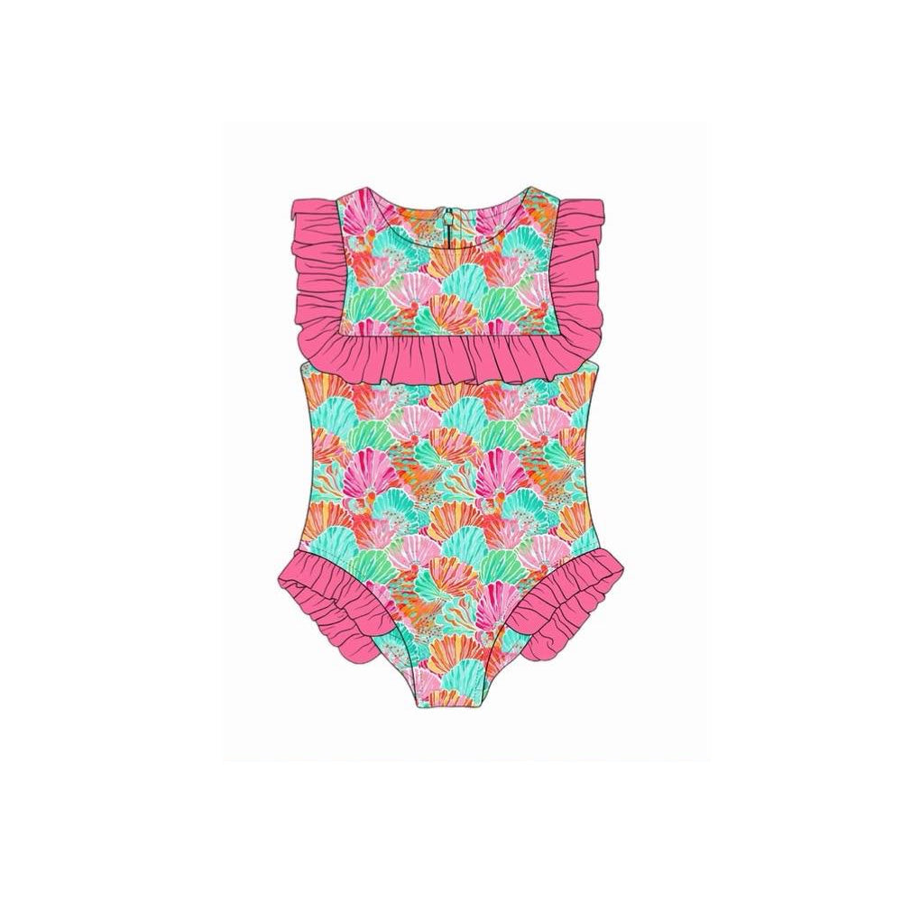 ( Moq 5 ) Preorder Baby Girls Kids Shell Summer Ruffle One-piece Swimsuit