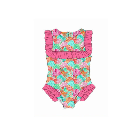 ( Moq 5 ) Preorder Baby Girls Kids Shell Summer Ruffle One-piece Swimsuit