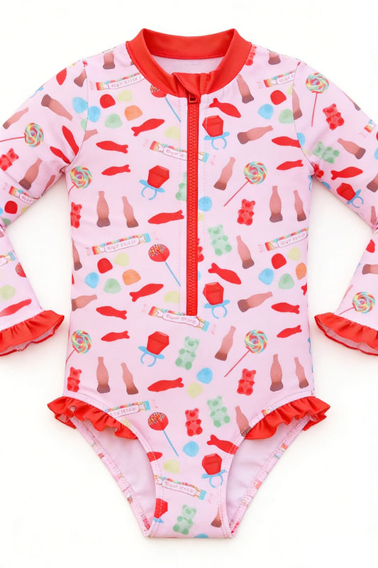 ( Moq 5 ) Preorder Baby Girl Kids Long Sleeves Candy Fish Zipper One-piece Swimsuit