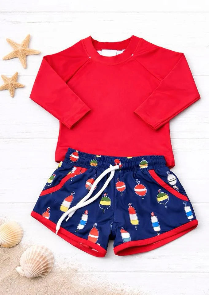 ( Moq 5 ) Preorder Baby Boys Kids Long Sleeves Red Shirt Fishing Pockets Shorts Set Swimsuit