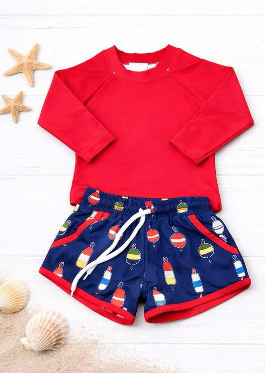 ( Moq 5 ) Preorder Baby Boys Kids Long Sleeves Red Shirt Fishing Pockets Shorts Set Swimsuit