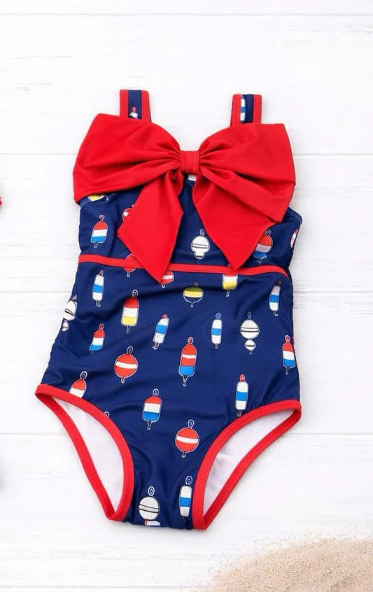 ( Moq 5 ) Preorder Baby Girls Kids Sleeveless Red Bows Fishing Summer One-piece Swimsuit