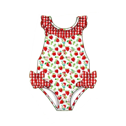 ( Moq 5 ) Preorder Baby Girls Kids Short Sleeves Strawberry Plaid Bows Ruffle Summer One-piece Swimsuit