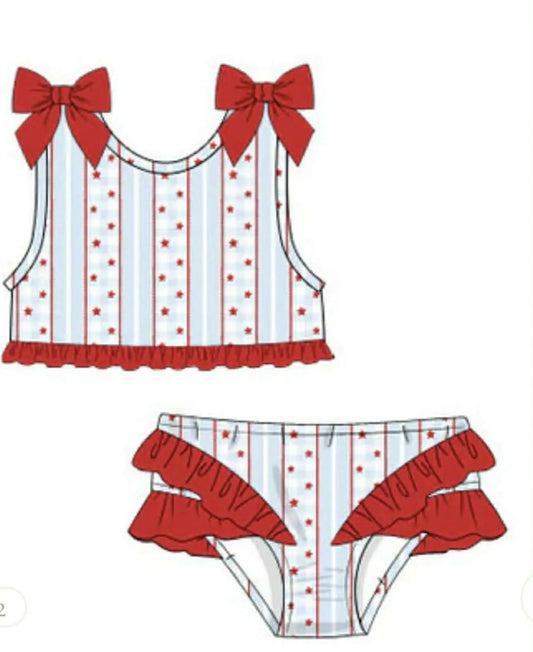 ( Moq 5 ) Preorder Baby Girls Kids Bows Sleeveless Stars Tops Ruffle Shorts Set 4th of July Swimsuit