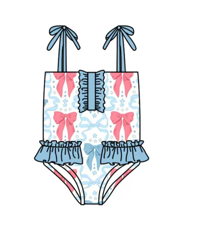 ( Moq 5 ) Preorder Baby Girls Kids Red Blue Bows Ruffle Summer One-piece 4th of July Swimsuit