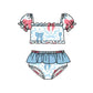 ( Moq 5 ) Preorder Baby Girls Kids Short Sleeves Red Blue Bows Tops Shorts Set 4th of July Swimsuit