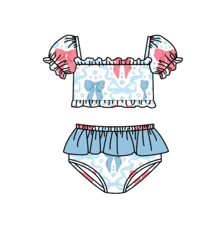 ( Moq 5 ) Preorder Baby Girls Kids Short Sleeves Red Blue Bows Tops Shorts Set 4th of July Swimsuit