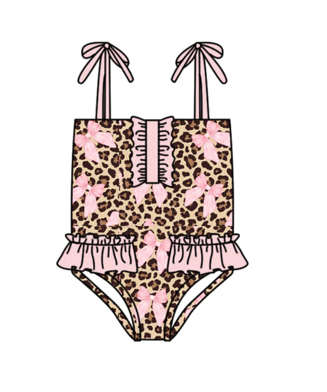 ( Moq 5 ) Preorder Baby Girls Kids Sleeveless Leopard Bows Ruffle Summer One-piece Swimsuit
