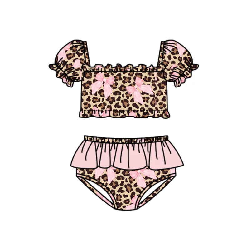 ( Moq 5 ) Preorder Baby Girls Kids Short Sleeves Leopard Bows Tops Ruffle Shorts Set Swimsuit
