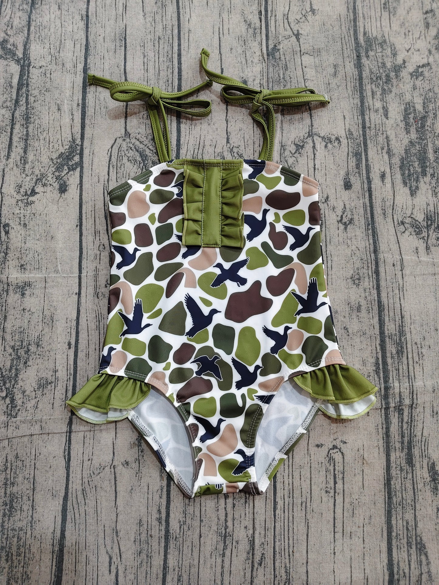 ( No moq ) Preorder Baby Girls Kids Stripes Ducks Camo Green Ruffle One-piece Swimsuit Summer Clothes
