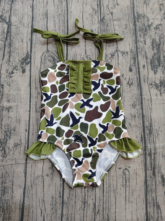 ( No moq ) Preorder Baby Girls Kids Stripes Ducks Camo Green Ruffle One-piece Swimsuit Summer Clothes